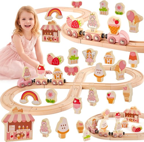 Girls wooden train set - train, pink